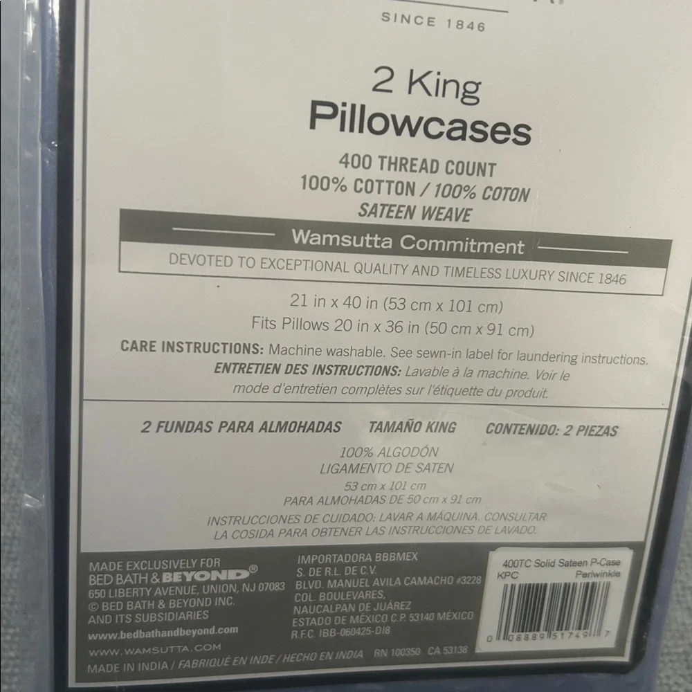 Wamsutta 400 Thread Count 100% Cotton Set Two Pillowcases Light Blue Periwinkle